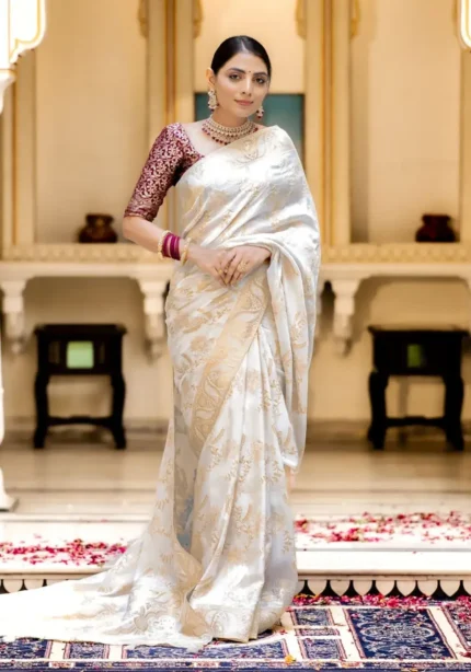 white colour Solid Jacquard Weave Banarasi Silk Saree Collection