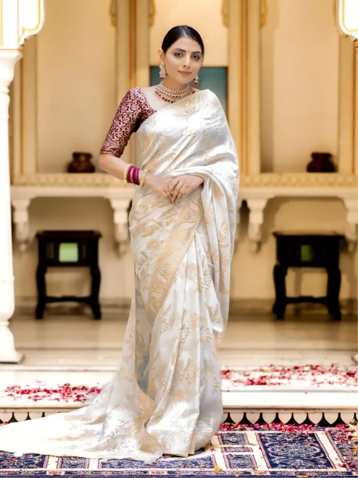 white colour Solid Jacquard Weave Banarasi Silk Saree Collection