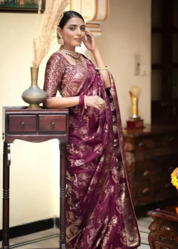 wine colour Solid Jacquard Weave Banarasi Silk Saree Collection