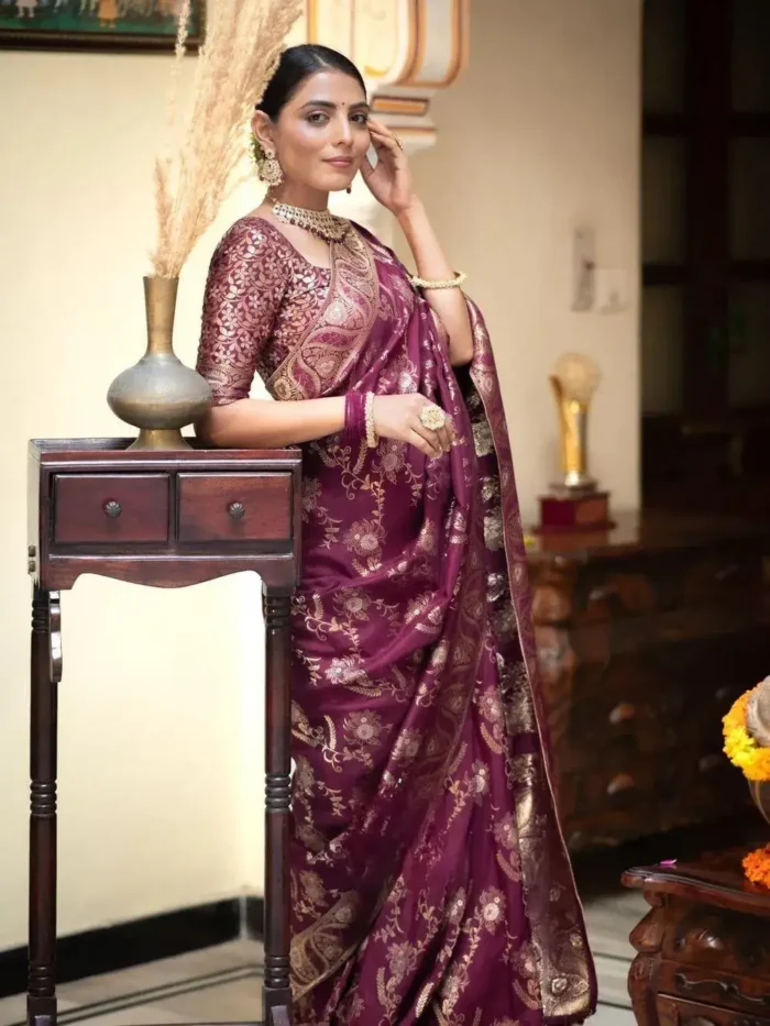 wine colour Solid Jacquard Weave Banarasi Silk Saree Collection