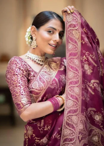 wine colour Solid Jacquard Weave Banarasi Silk Saree Collection