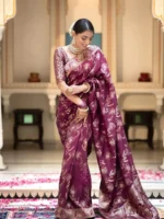 wine colour Solid Jacquard Weave Banarasi Silk Saree Collection