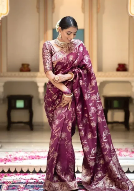 wine colour Solid Jacquard Weave Banarasi Silk Saree Collection