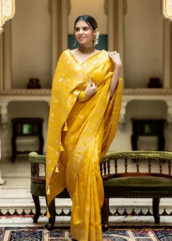 yellow colour Solid Jacquard Weave Banarasi Silk Saree Collection
