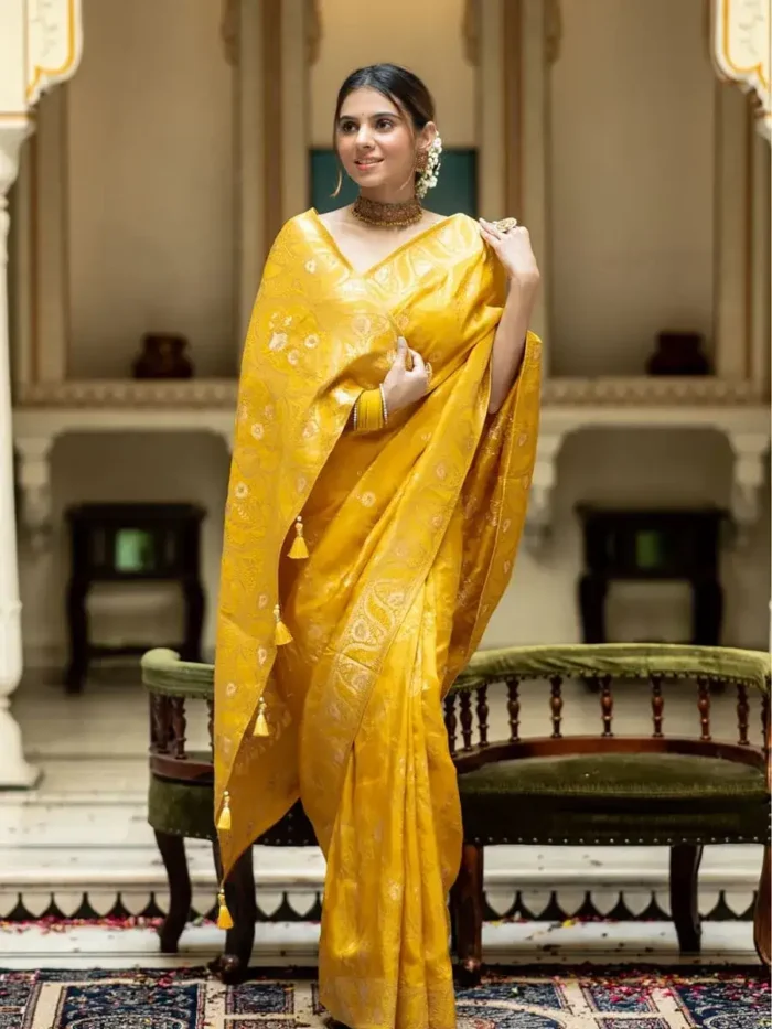 yellow colour Solid Jacquard Weave Banarasi Silk Saree Collection