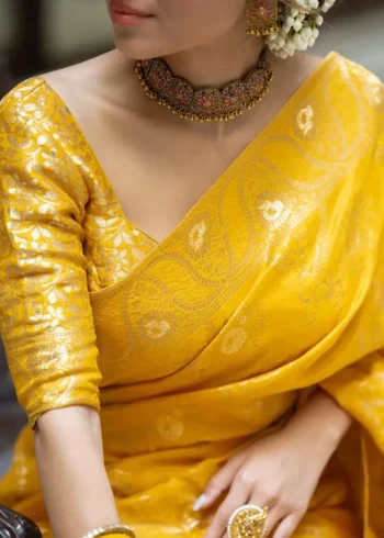 yellow colour Solid Jacquard Weave Banarasi Silk Saree Collection