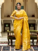 yellow colour Solid Jacquard Weave Banarasi Silk Saree Collection