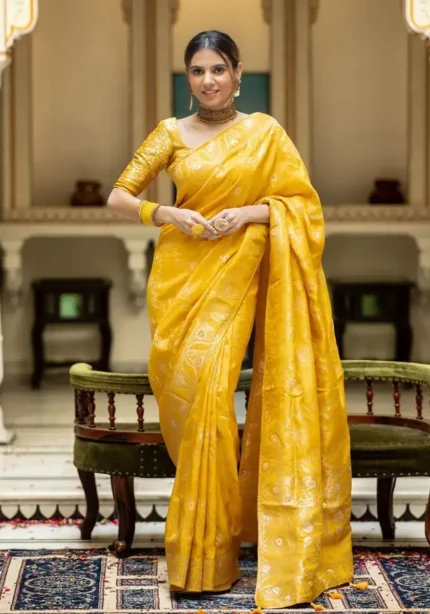 yellow colour Solid Jacquard Weave Banarasi Silk Saree Collection