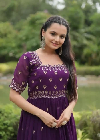 Purple Colour Square Neck Design Embroidered Readymade Gown for Women