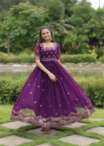 Purple Colour Square Neck Design Embroidered Readymade Gown for Women