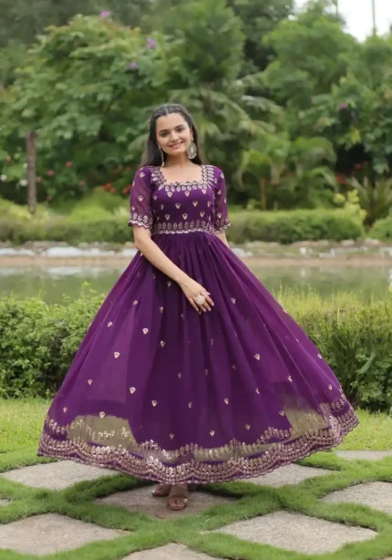 Purple Colour Square Neck Design Embroidered Readymade Gown for Women