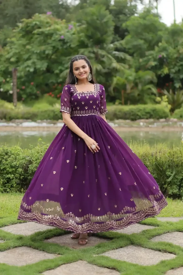 Purple Colour Square Neck Design Embroidered Readymade Gown for Women