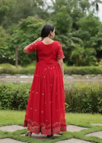 Red Colour Square Neck Design Embroidered Readymade Gown for Women