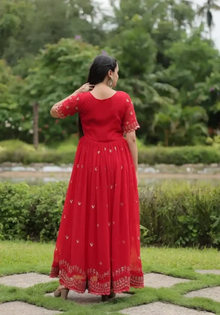 Red Colour Square Neck Design Embroidered Readymade Gown for Women