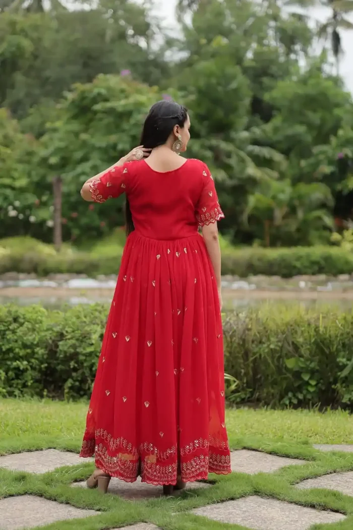 Red Colour Square Neck Design Embroidered Readymade Gown for Women