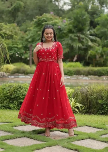 Red Colour Square Neck Design Embroidered Readymade Gown for Women