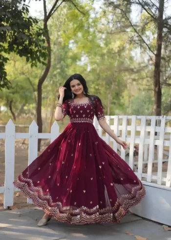 Wine Colour Square Neck Design Embroidered Readymade Gown for Women