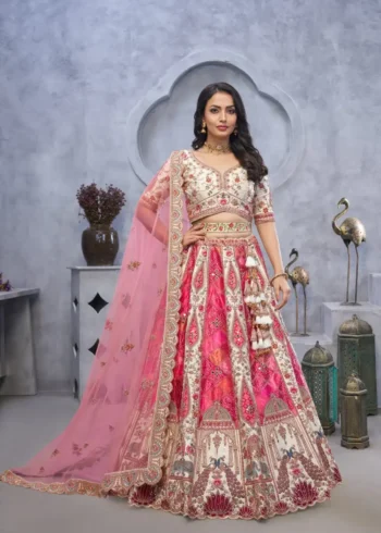 Temple Motifs Peacock Designs & Bandhej Jacquard Bridal Lehenga Choli