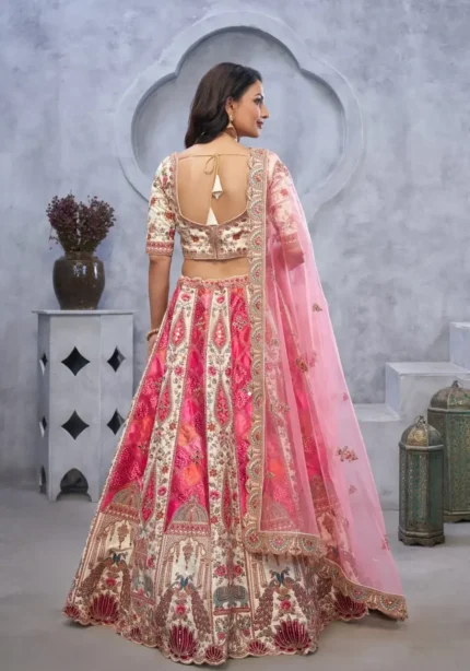 Temple Motifs Peacock Designs & Bandhej Jacquard Bridal Lehenga Choli