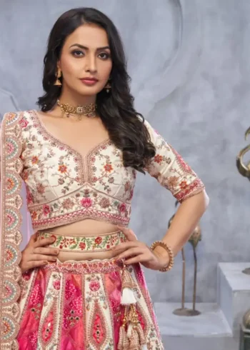 Temple Motifs Peacock Designs & Bandhej Jacquard Bridal Lehenga Choli