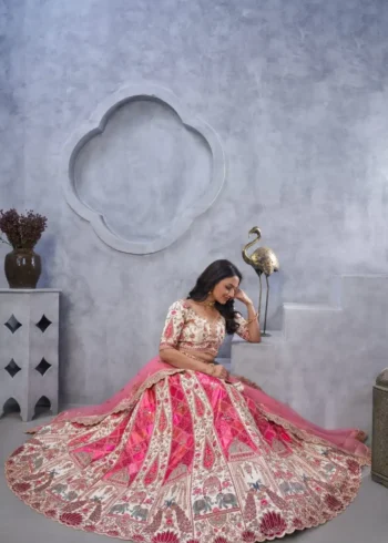 Temple Motifs Peacock Designs & Bandhej Jacquard Bridal Lehenga Choli