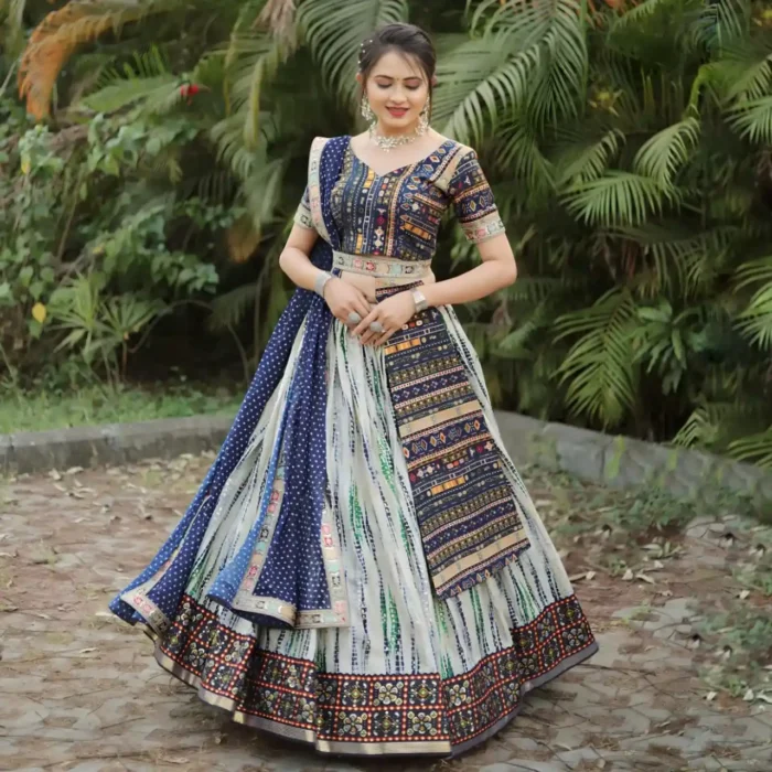 Traditional Royal blue Slub Cotton Printed Lehenga Choli