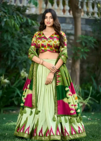 Tussar Silk Printed Foil Work Half Saree Lehenga Choli