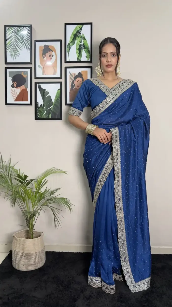 Vichitra Silk Coding & Swarovski Work Stitched Saree