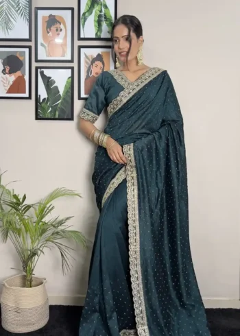 Vichitra Silk Coding & Swarovski Work Stitched Saree