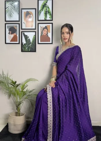 Vichitra Silk Coding & Swarovski Work Stitched Saree