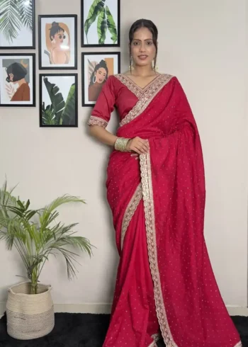 Vichitra Silk Coding & Swarovski Work Stitched Saree