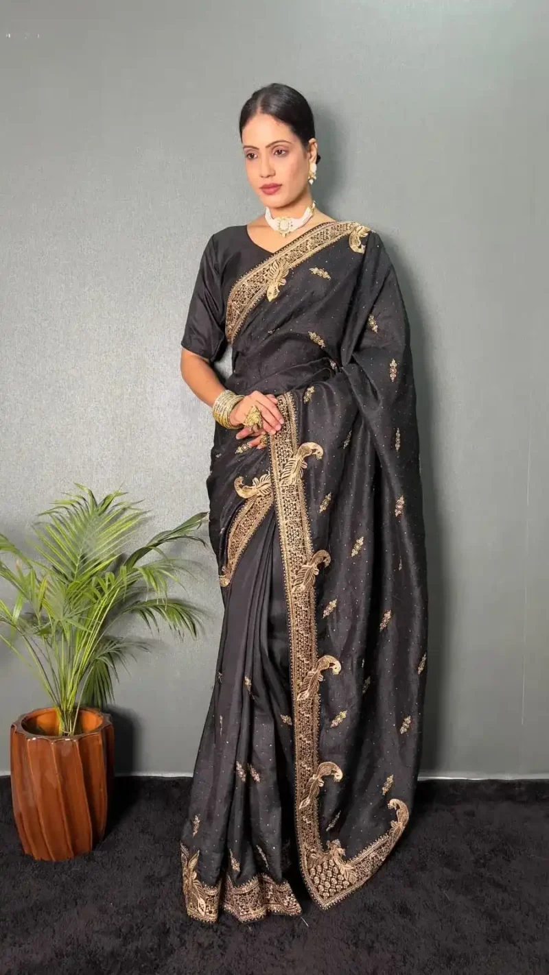Vichitra Silk Zari & Swarovski Work Stitched Saree