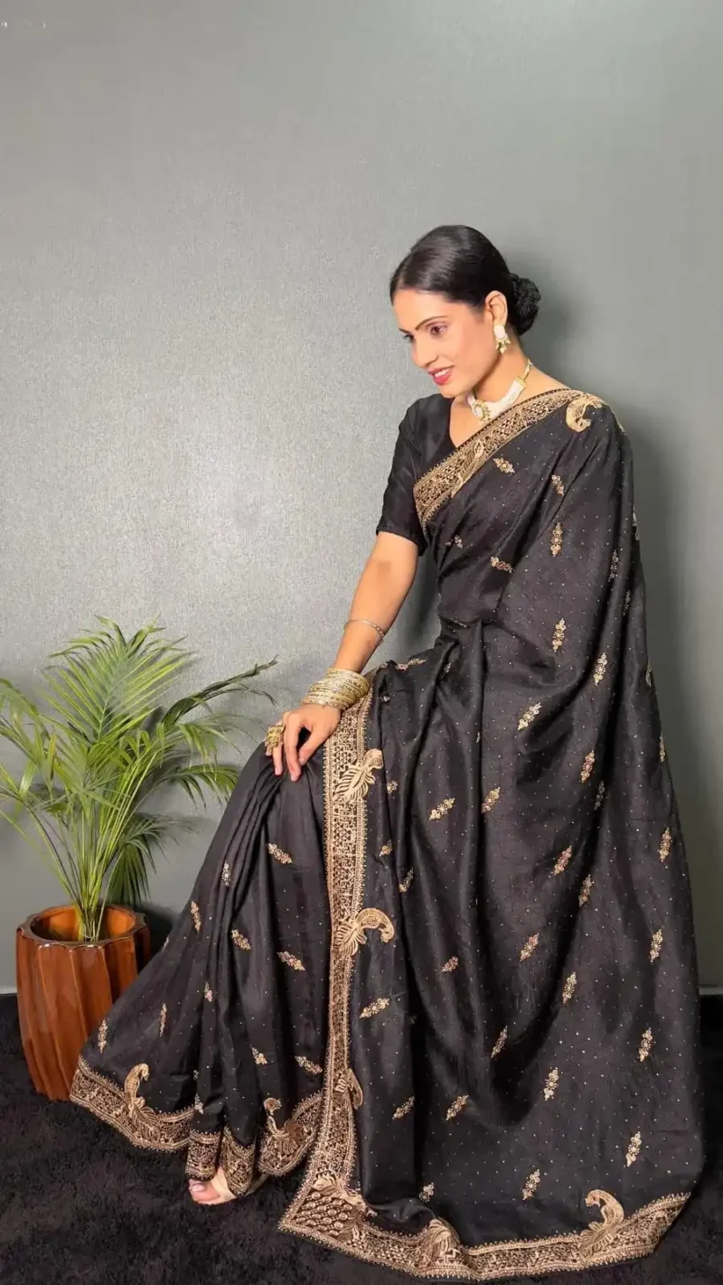 Vichitra Silk Zari & Swarovski Work Stitched Saree