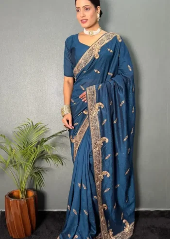 Vichitra Silk Zari & Swarovski Work Stitched Saree