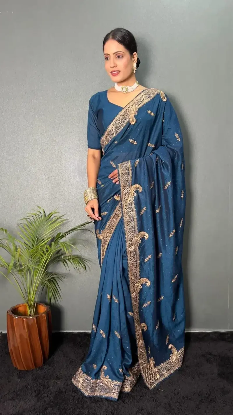 Vichitra Silk Zari & Swarovski Work Stitched Saree