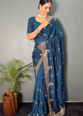 Vichitra Silk Zari & Swarovski Work Stitched Saree