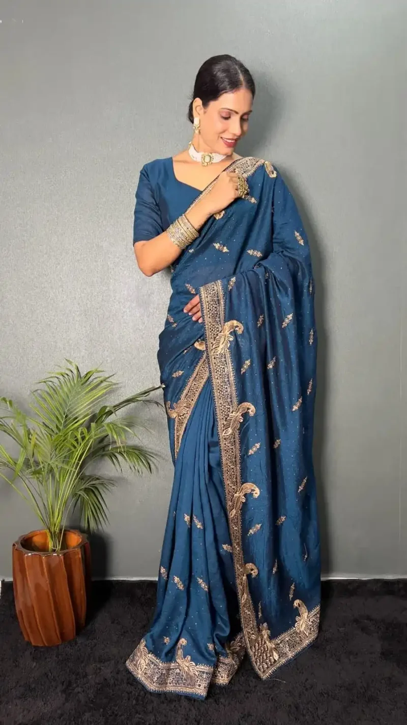 Vichitra Silk Zari & Swarovski Work Stitched Saree