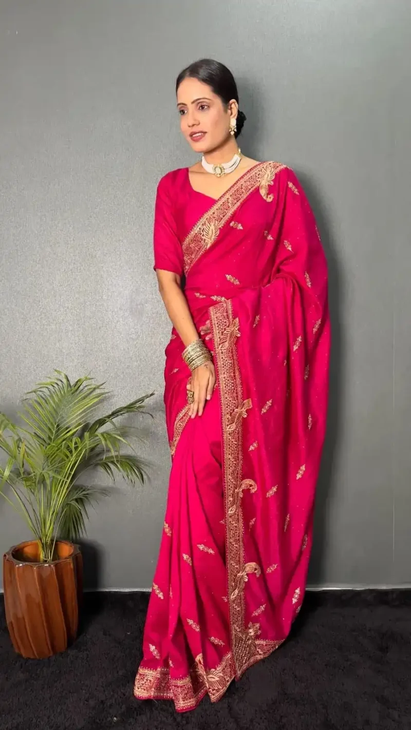 Vichitra Silk Zari & Swarovski Work Stitched Saree