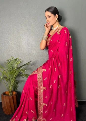 Vichitra Silk Zari & Swarovski Work Stitched Saree