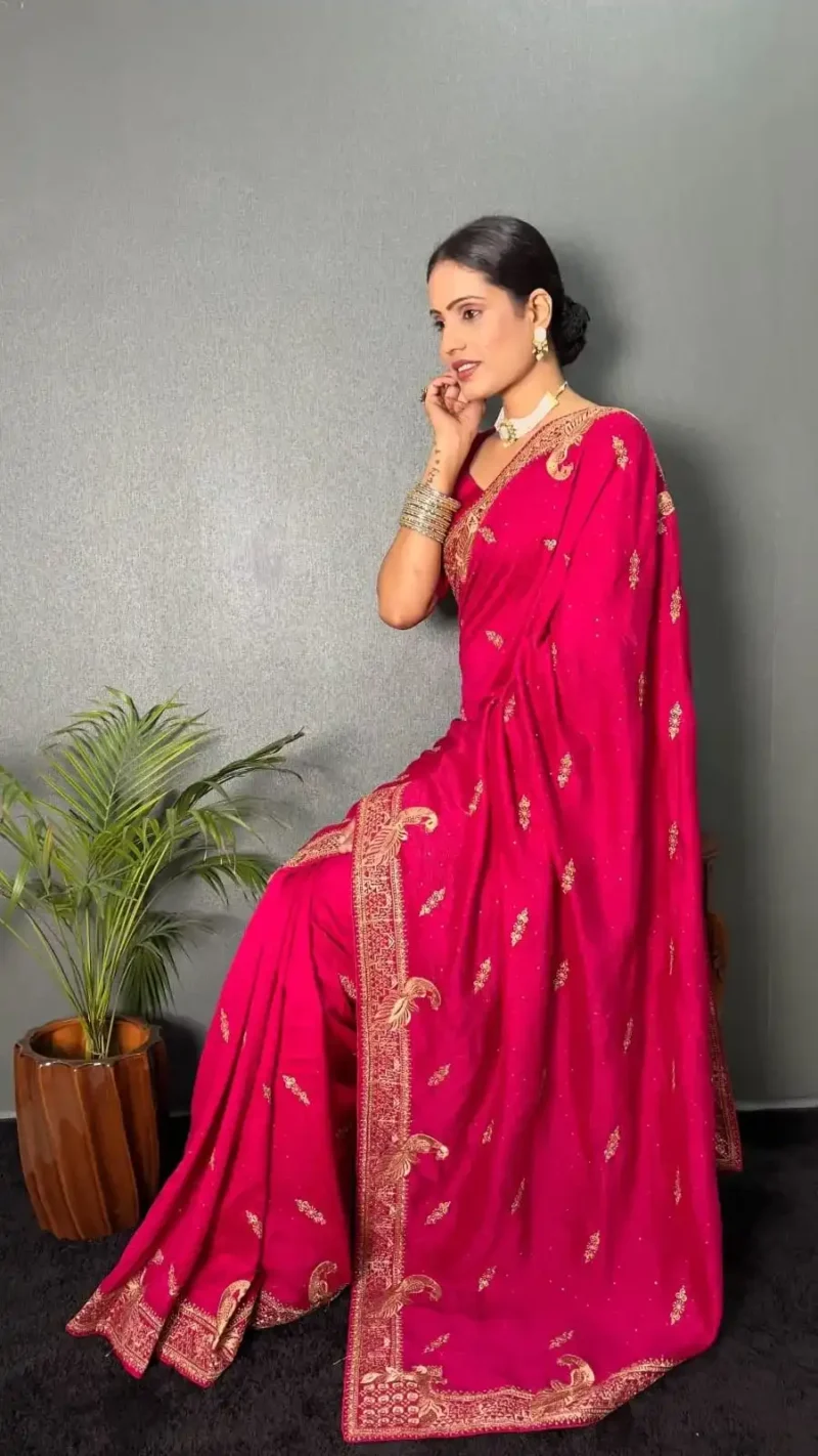Vichitra Silk Zari & Swarovski Work Stitched Saree