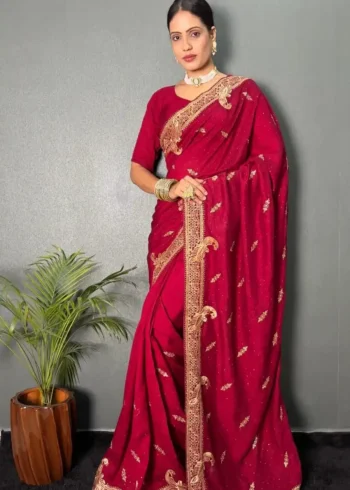Vichitra Silk Zari & Swarovski Work Stitched Saree