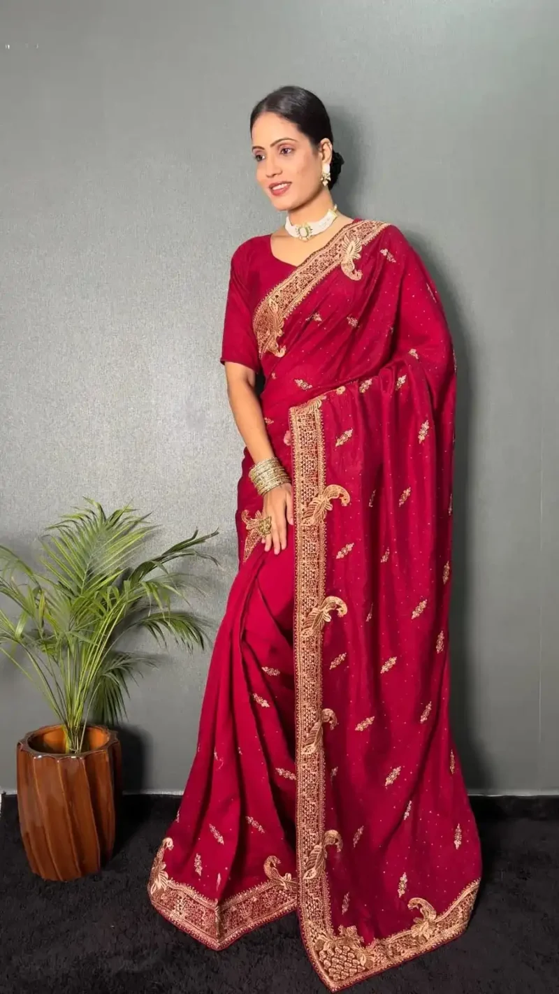 Vichitra Silk Zari & Swarovski Work Stitched Saree