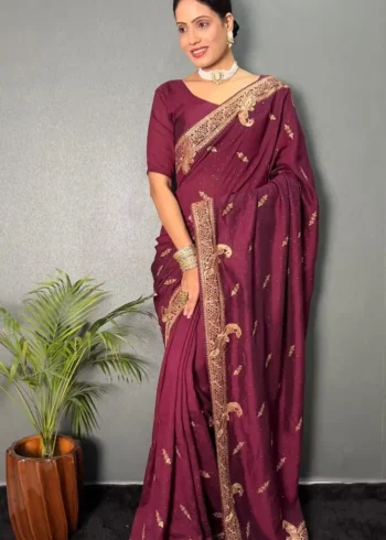 Vichitra Silk Zari & Swarovski Work Stitched Saree