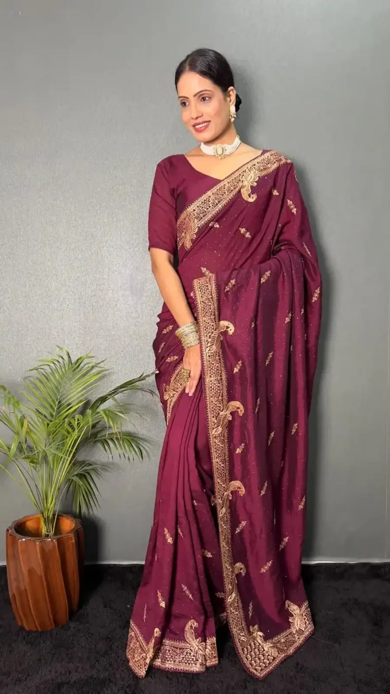 Vichitra Silk Zari & Swarovski Work Stitched Saree