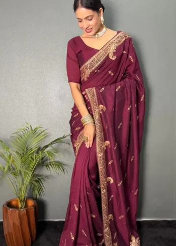 Vichitra Silk Zari & Swarovski Work Stitched Saree