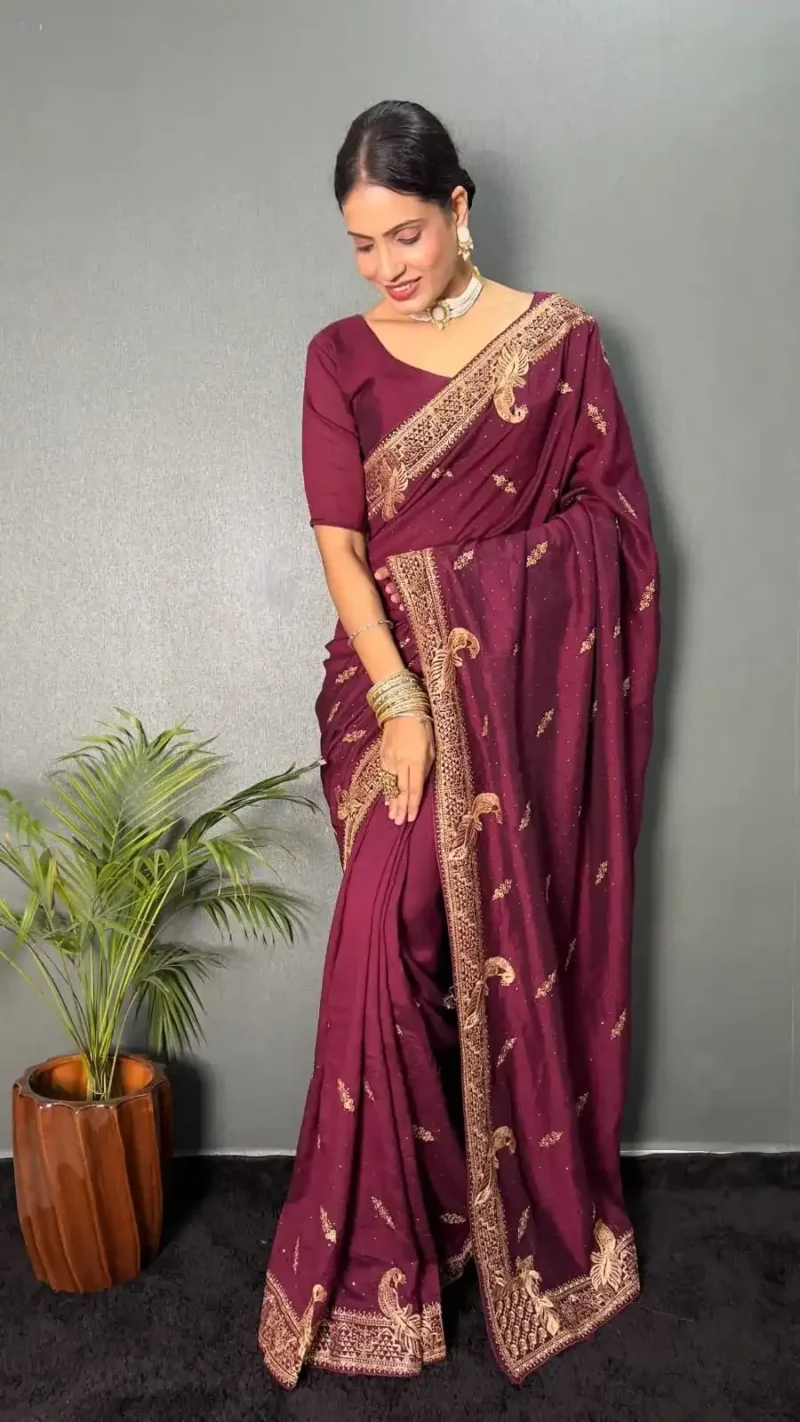 Vichitra Silk Zari & Swarovski Work Stitched Saree