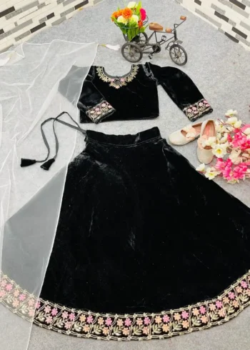 Viscose Velvet Heavy Embroidered Lehenga for kids