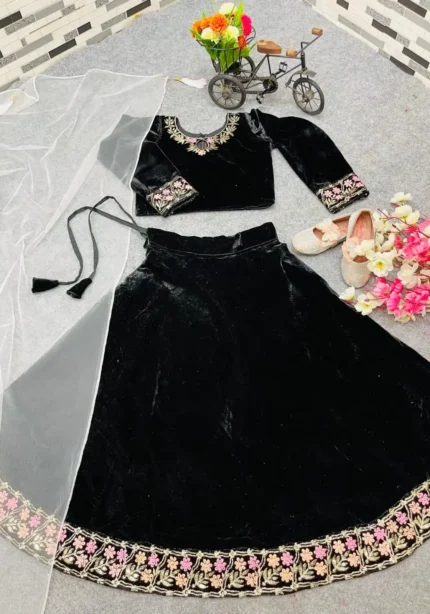 Viscose Velvet Heavy Embroidered Lehenga for kids