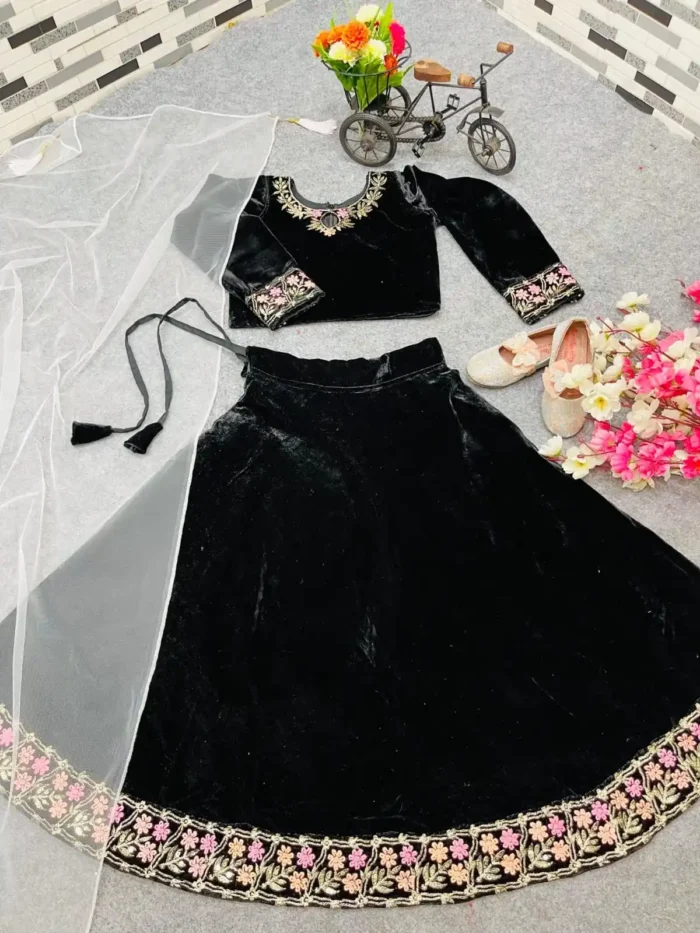 Viscose Velvet Heavy Embroidered Lehenga for kids