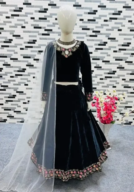 Viscose Velvet Heavy Embroidered Lehenga for kids